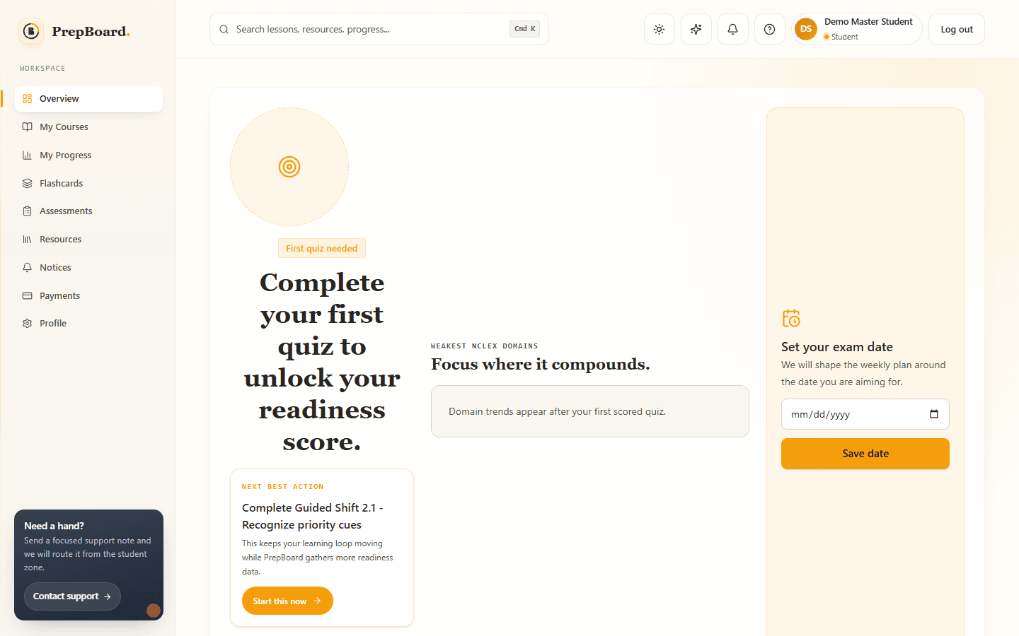PrepBoard student dashboard preview